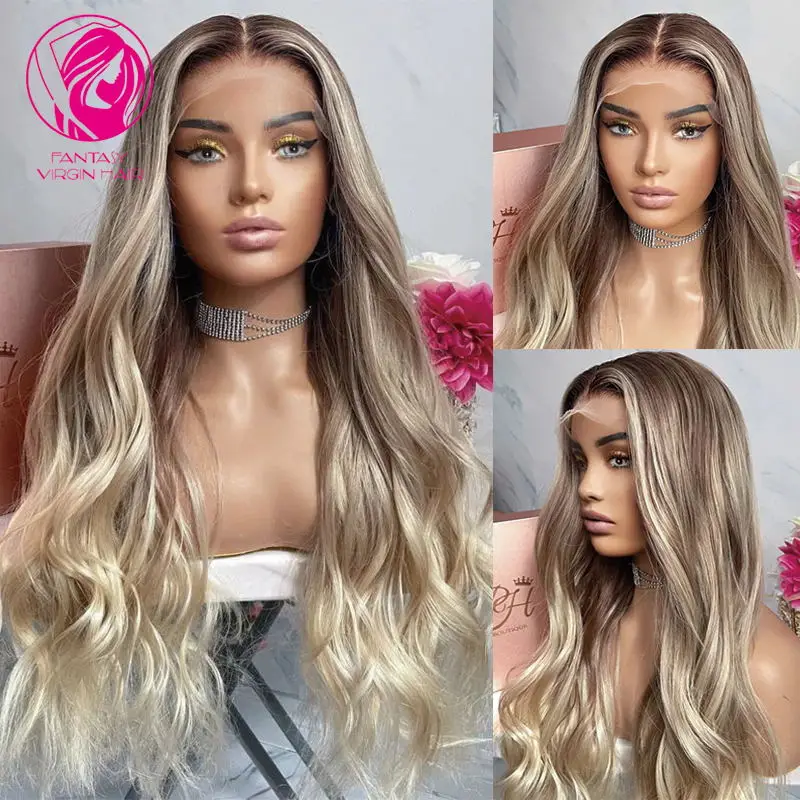 

Highlighted Loose Wave Full Lace Wigs HD Transparent Lace 13x6 Lace Frontal Wig Rooted Ombre Blonde Human Hair Wigs Pre Plucked