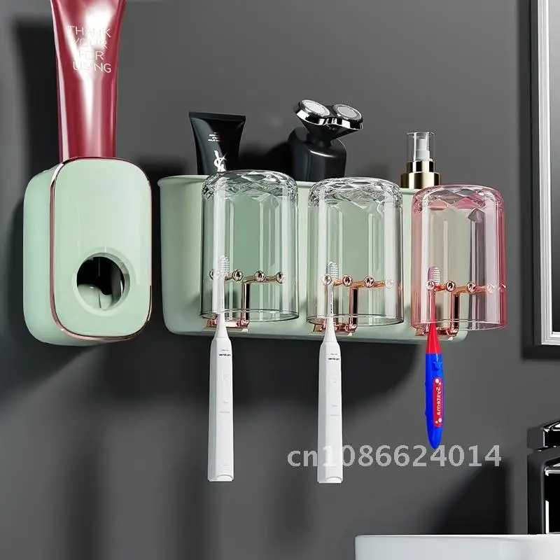 

Home Wall-Mounted Toothbrush Cup Holder Storage Rack Toothpaste Dispenser Squeezer Bathroom Accessories