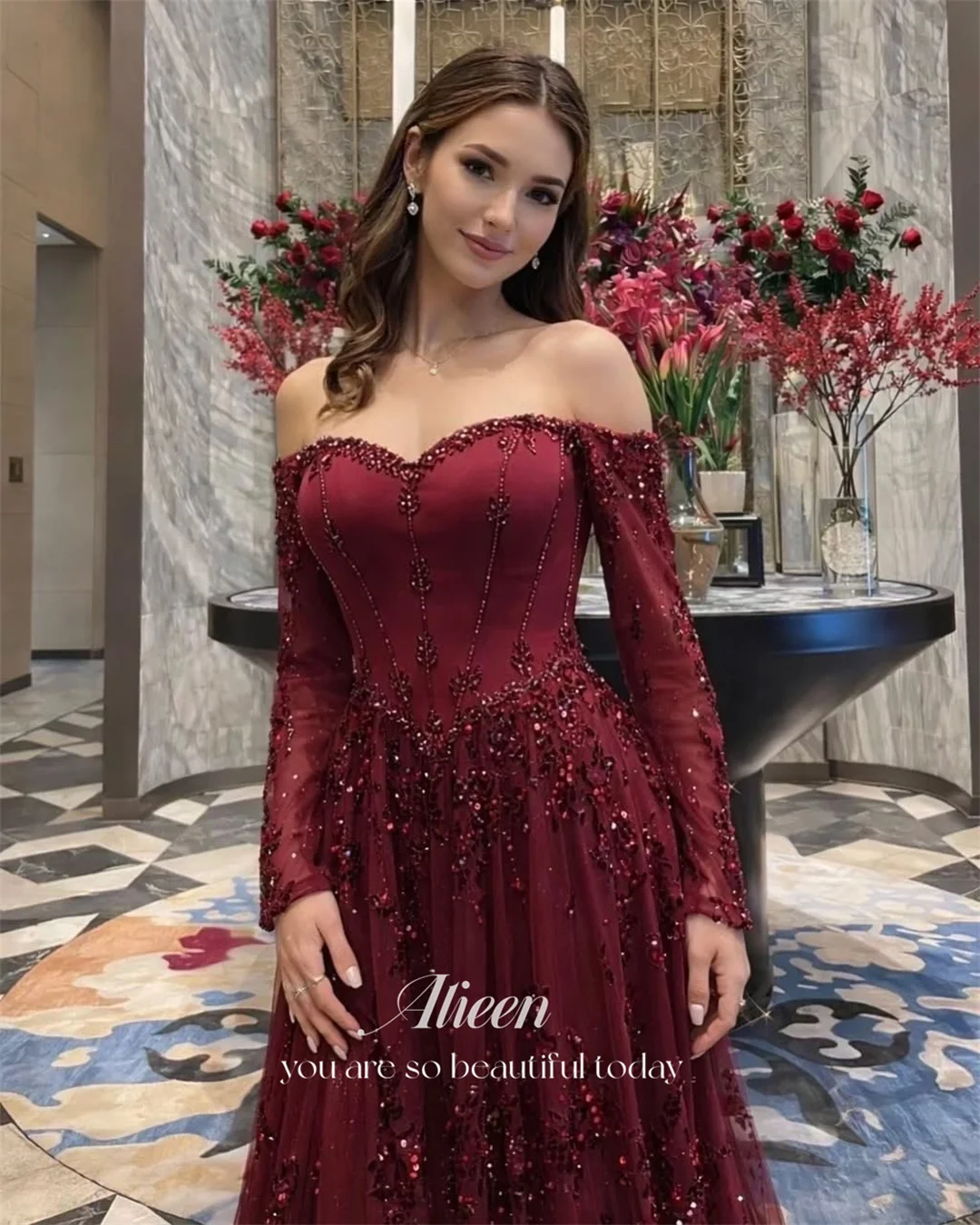 Aileen Tulle Off The Shoulder Burgundy Ball Gown Evening Dress 2026 Prom Dress Formal Evening Robes De Soirée Women Elegant image 2