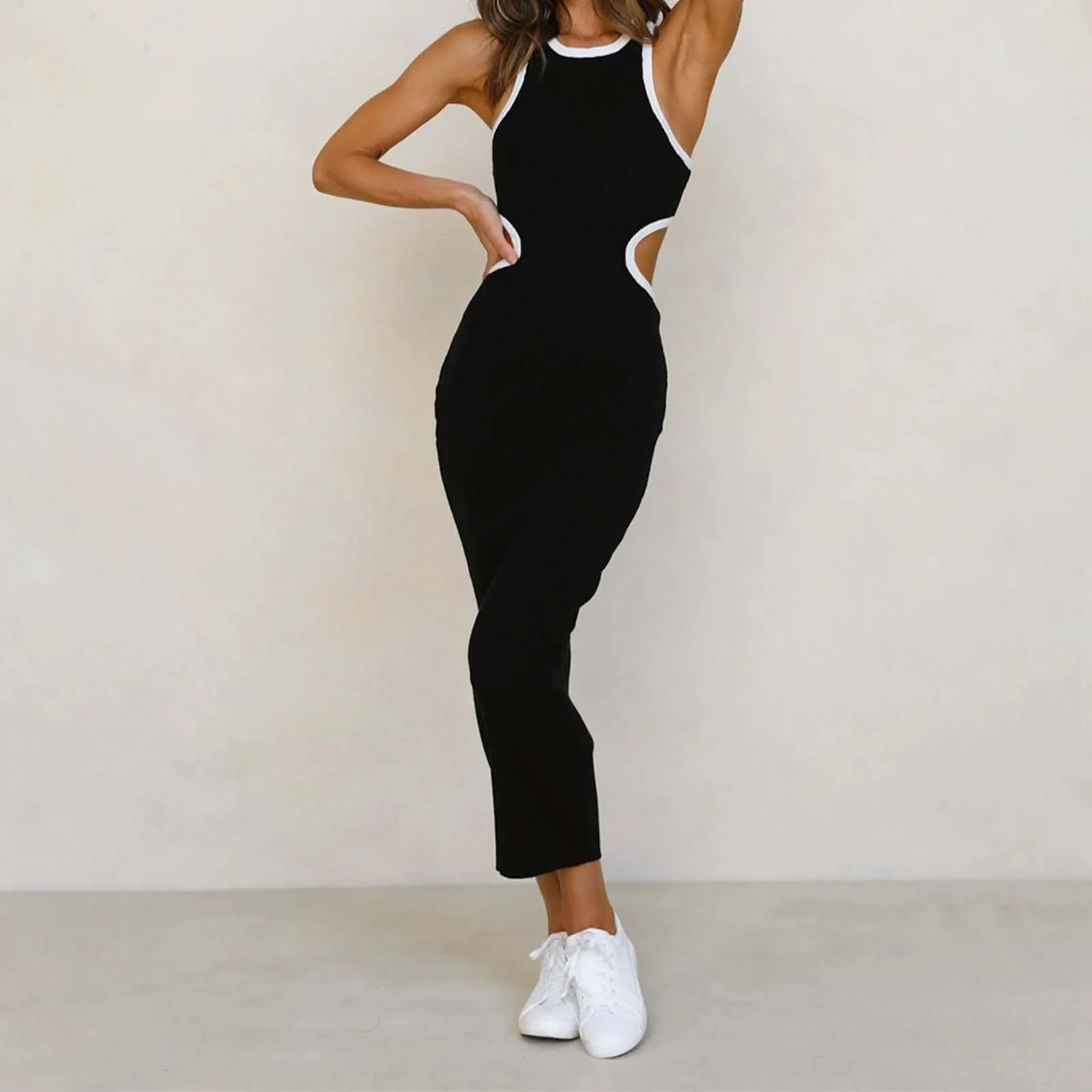 Sleeveless Backless Dress Summer Sexy Elegant Women Bodycon Dress Summer Sundress White Black Slim Rib Cut Out Party Dress