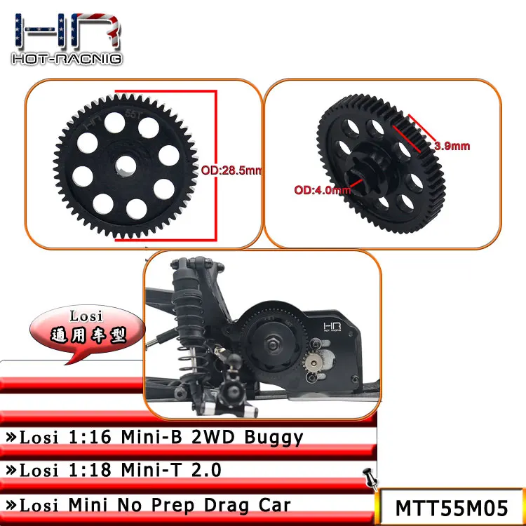 Hot Racing MTT55M05 Blackened Steel 55T 0.5M Direct-Drive Spur Mini-T 2.0/Mini-B 2.0/Mini-Drag, No 48P, Replace LOS212016