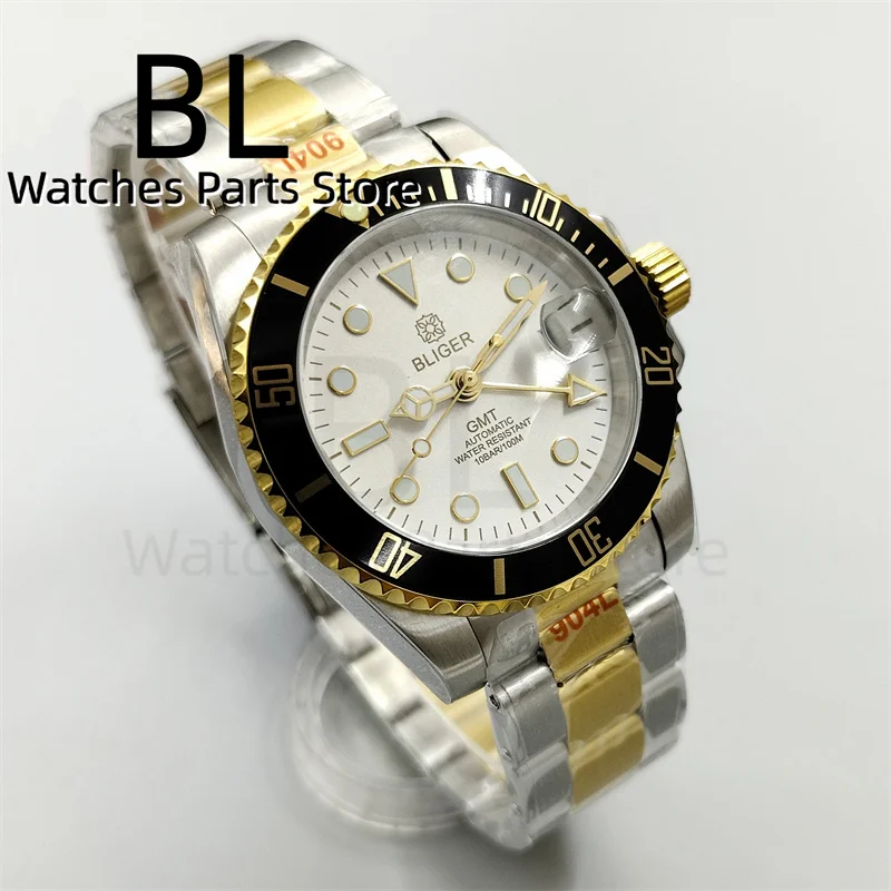 BLIGER 40mm GMT Watch For Men NH34 With Gold Index Bezel White Dial Gold Time Mark Gold Pointer Sapphire Glass Two Tone Bracelet