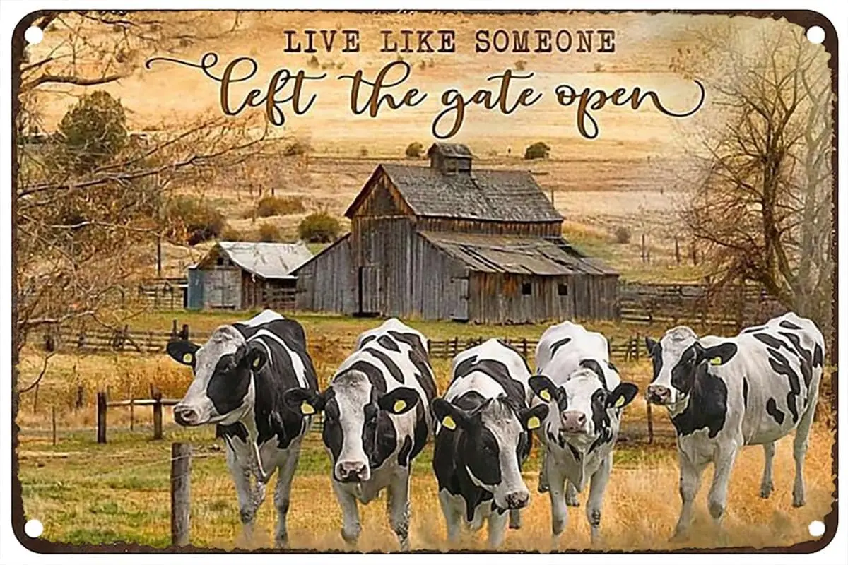 Estiyond Letrero de metal vintage con diseño de vaca Holstein Friesian, decoración rústica de pared para el hogar, con la frase 'Live Like Someone Left The Gate Open'