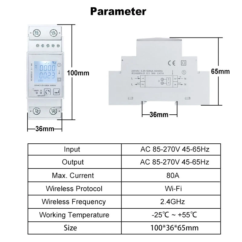 WISH Tuya Smart Zigbee Energy Meter Single Phase 80A Din Rail Power Monitor Kwh Wattmeter Voltmeter 110V 220V 50/60Hz