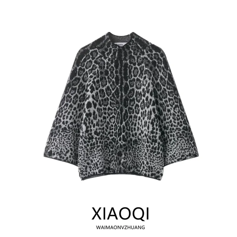 

Winter New Design Women's Knitted Wide Sve Stand Collar Sweater Versatile Sli Loose Fit Cardigan Faionable Leopard P...