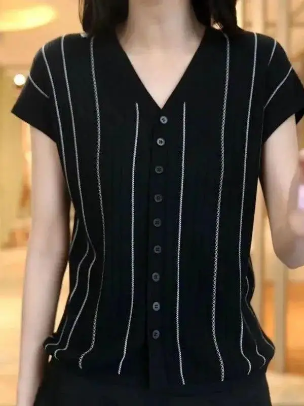 Women's V-neck Short Sleeve Knitted T-shirt Vertical Stripes Shoulder-baring Cardigan Summer New Style Versatile Medium Softness