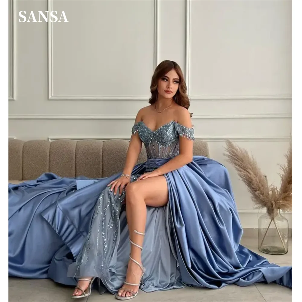 Sansa Blue Off Shoulder Prom Dress Sexy Side Split Vestidos De Noche Customized Sequins Mermaid Wedding Dress فساتين السهرة