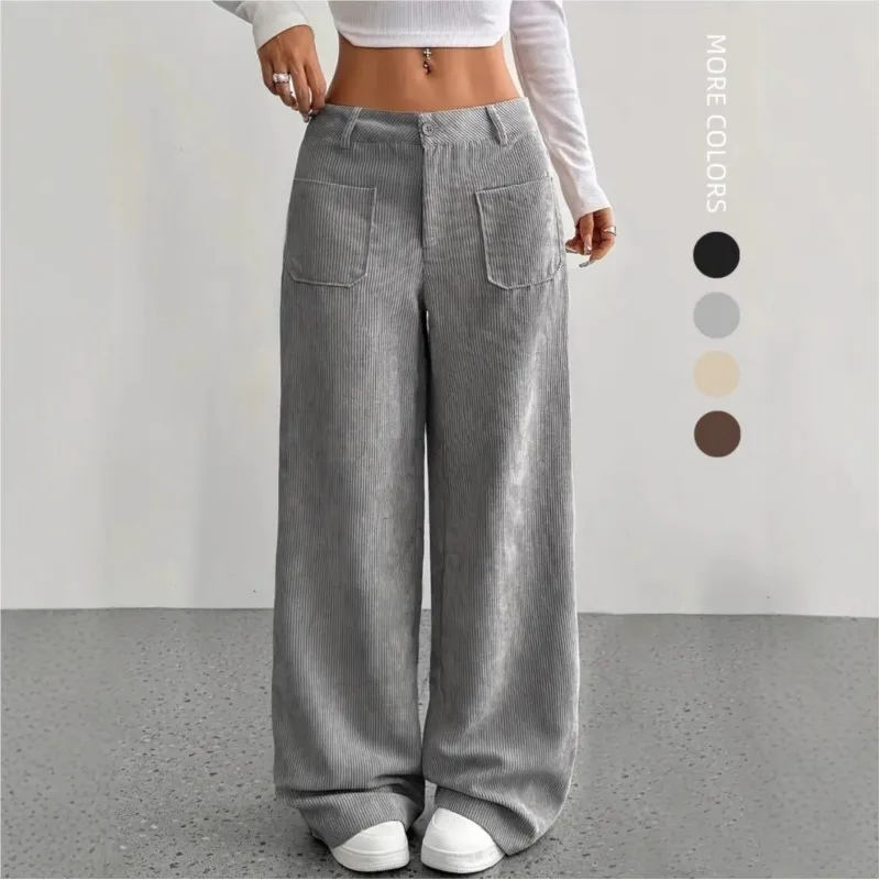 2025 خريف شتاء جديد عصري متعدد الاستخدامات بنطلون نسائي عادية بلون فضفاض جيب الطابق التطهير بنطال ذو قصة أرجل واسعة #1