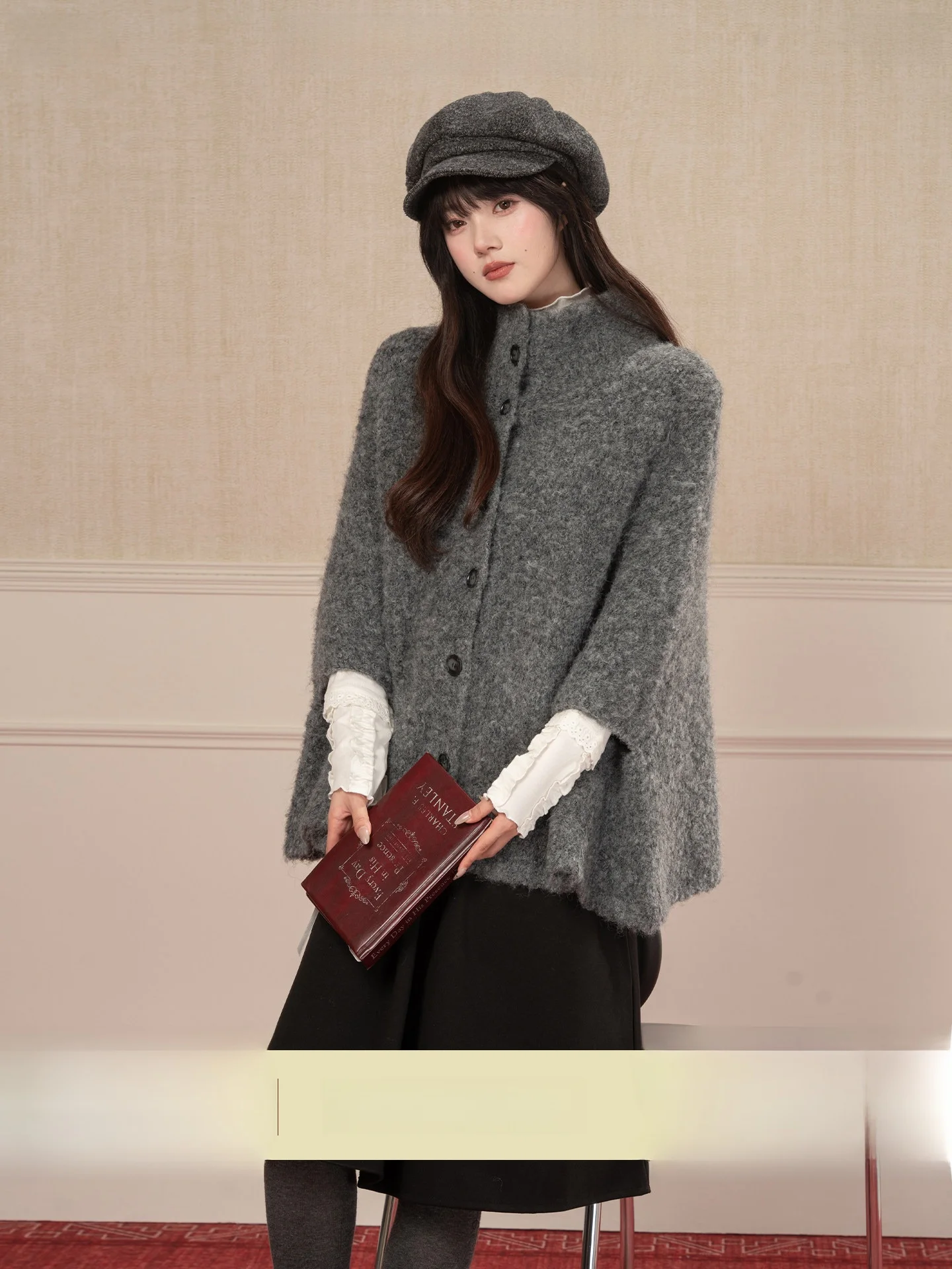 

Heynew Retro ey High Collar on Sweater Women's Winter New Loose Warmth High-End Feeling Top Open Cardigan Sle Long Sl...