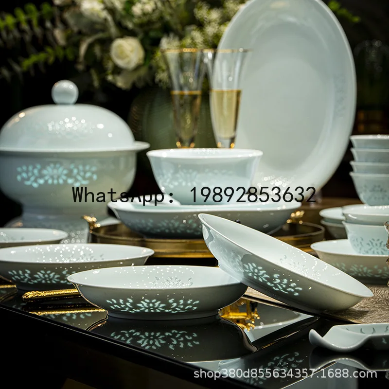 LYY high temperature underglaze color tableware set, shadow blue exquisite dishes set, household high white porcelain