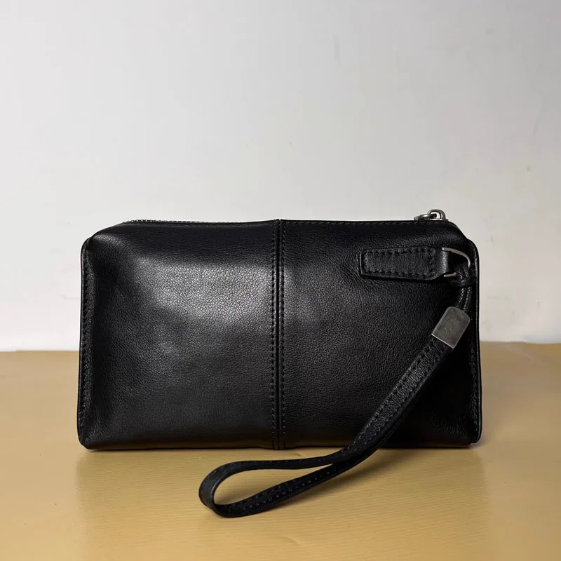 AETOO Men's genuine leather hand-held bag with top layer cowhide, long zipper wallet, casual mobile phone bag, handcrafted soft