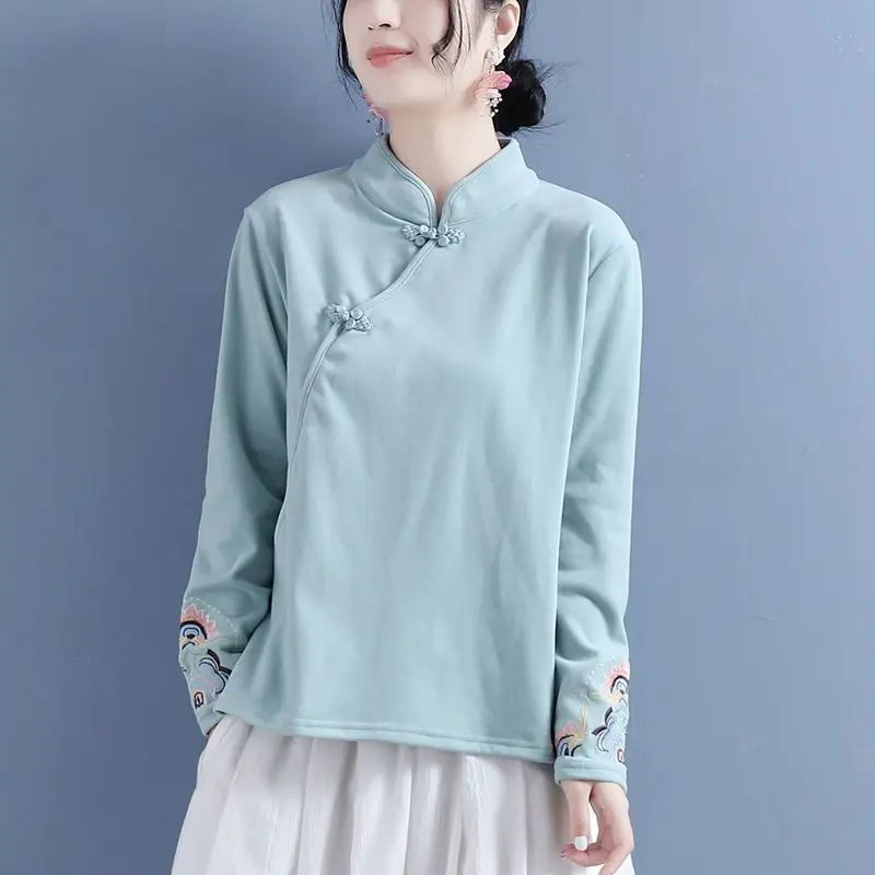 2026 Autumn Winter Long Sleeve Top, Chinese Style Embroidery Stand Collar Frog Button Shirt, Elegant Tea Blouse for Women