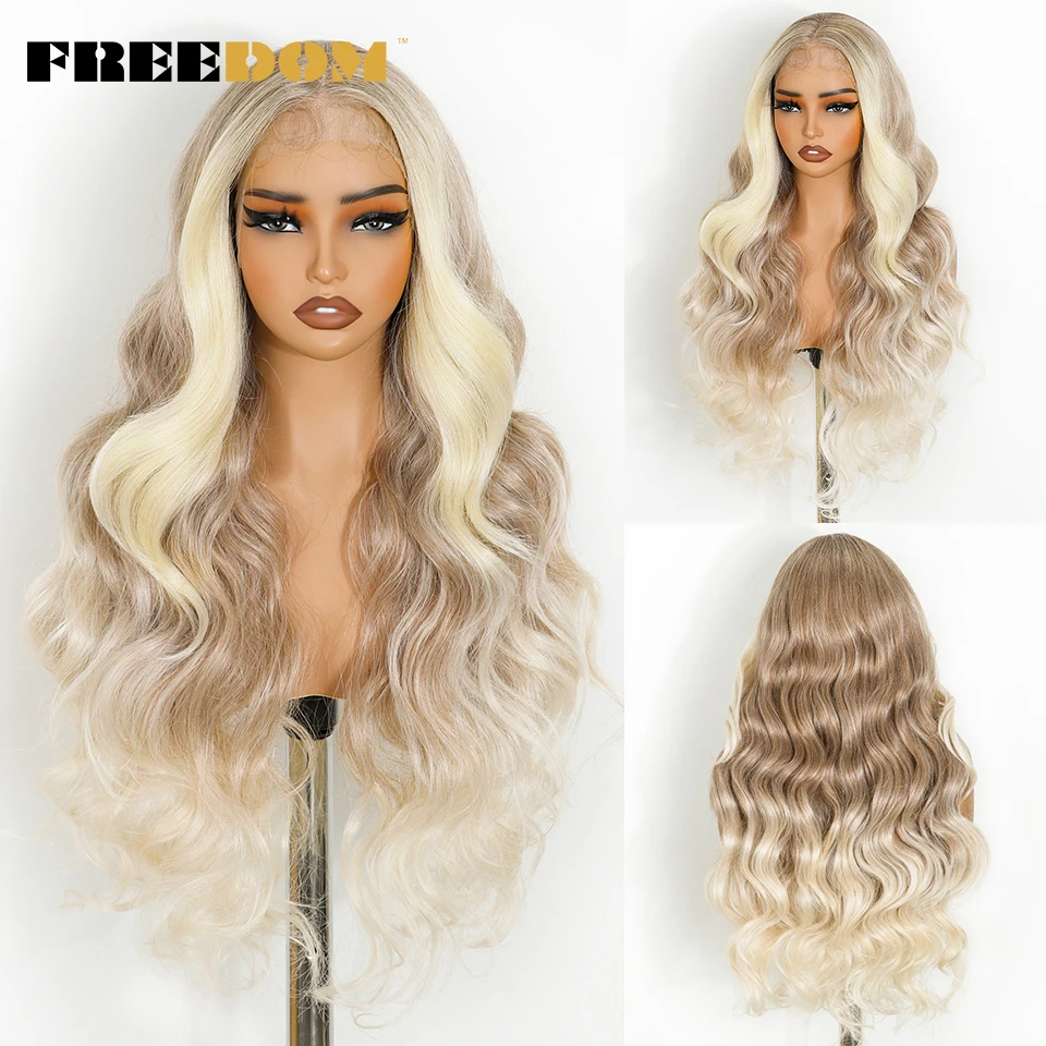 

FREEDOM 13x4 Synthetic Lace Front Wigs For Women 30 Inch Long Body Wave Lace Front Wig Ombre Brown Blonde Highlight Cosplay Wigs