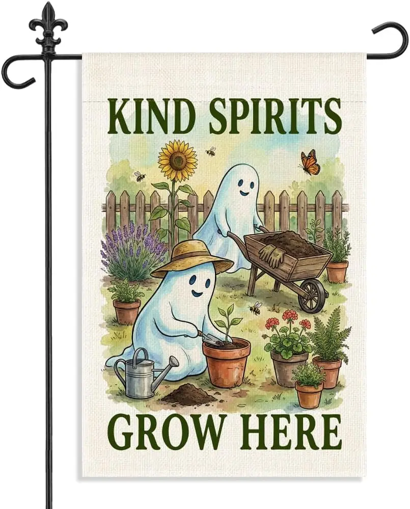 Kind Spirits Grow Here Garden Flag, Halloween Ghost Gardening Decor, 12 x 18 Inch Double Sided Cute Floral Planting Yard Fla yyi