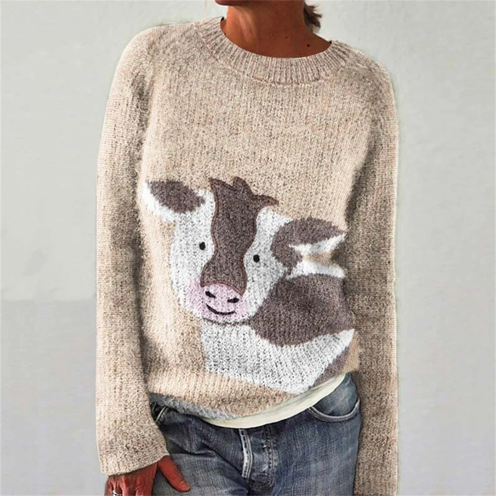 2024 New Cow Coarse Needle Digital Printing 3D Round Neck Hoodie Coarse Needle Fabric Top Women\'s Sweater Women\'s Sweater