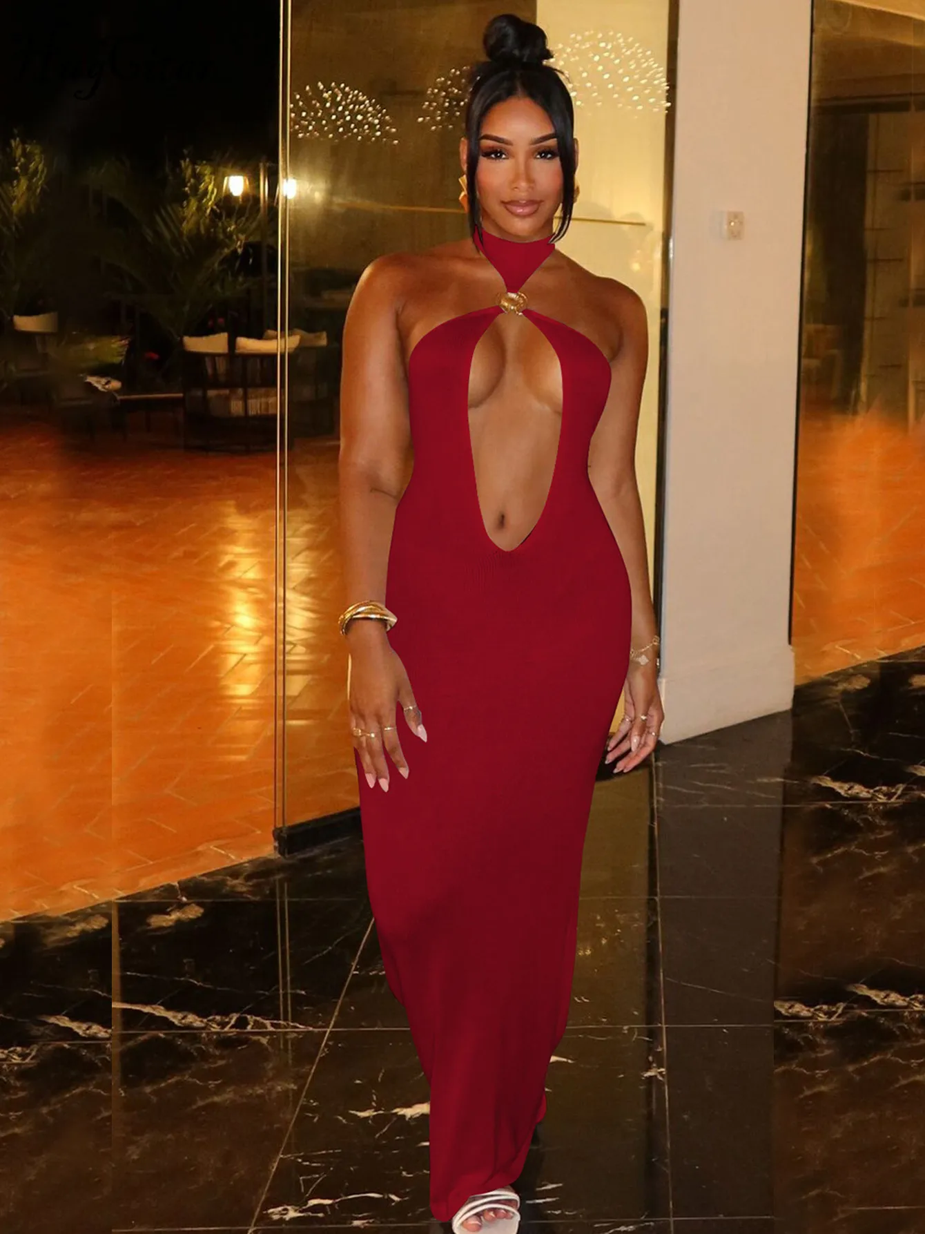 Hugcitar 2025 موضة الرسن الجوف خارج مثير عارية الذراعين ضمادة الصلبة سليم فستان ماكسي الصيف النساء Y2K ملابس الحفلات النادي الليلي