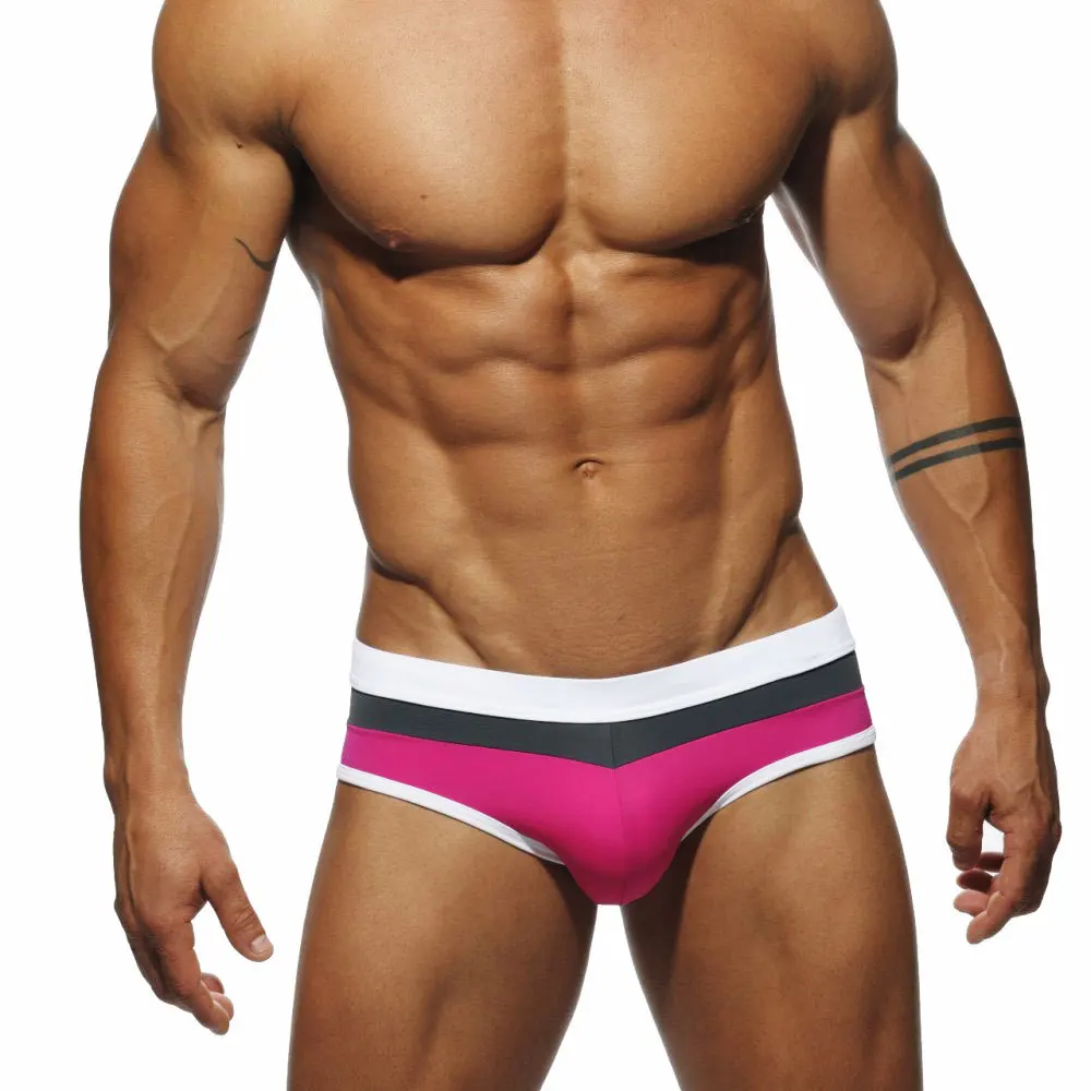Men\'s Solid Color Printed Swim Trunks European American Fashion Sexy Low Waist Bikini Summer Beach Surfing Sport