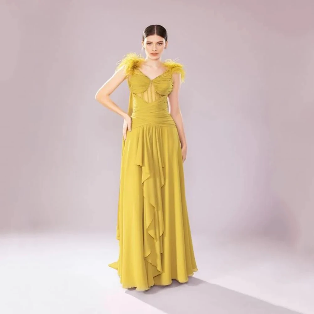 

Arya Elegant Evening Dress Chiffon for Floor-Length V-Neck Sleeveless Formal Evening Feathers Vestidos De Fiesta Customized