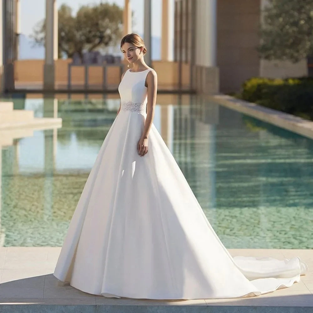 Vestidos De Novia clásicos sin mangas con Espalda descubierta, túnicas De satén para fiesta Formal, tren De barrido, elegantes, 2024