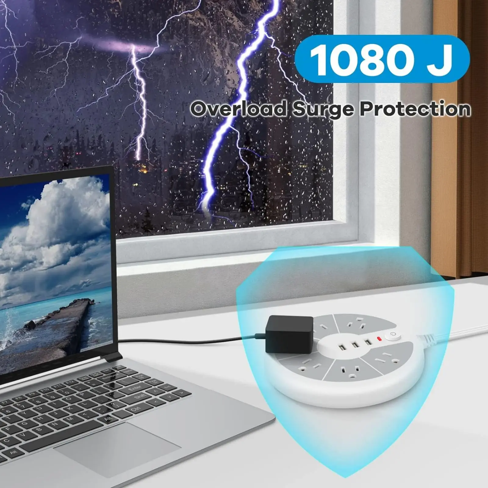 شريط طاقة القرص القياسي الأمريكي مع 3 مقابس USB للمكتب والمدرسة والعائلة والمشاهد الأخرى