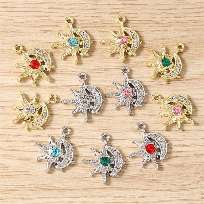 5 Stück, 17 x 20 mm, zarte Kristall-Metall-Anhänger in Form von Sonne und Mond, zum Basteln von Schmuck, Halsketten, Ohrringen, Armbändern und für DIY-Bastelarbeiten. – Detail 4