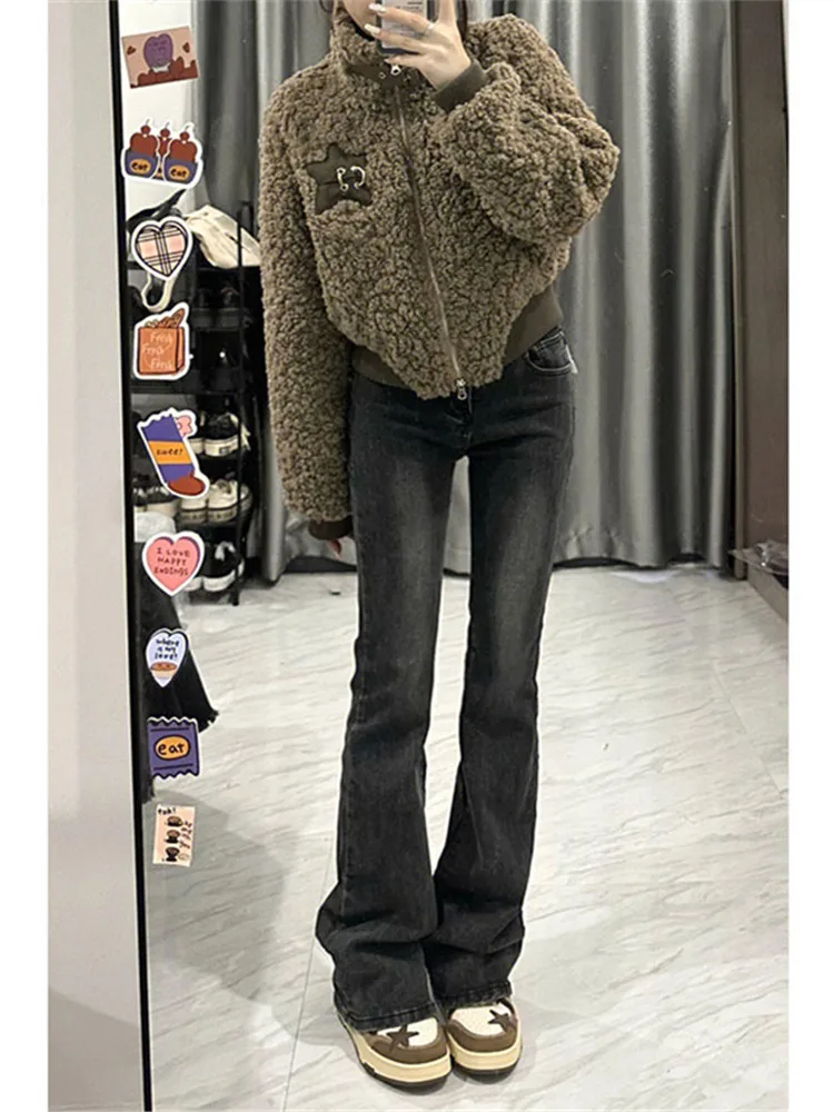 

Американские ретро-джинсы с флисовой подкладкой, утолщенные, дымчато-серые, расклешенные, женские, с высокой талией, утягивающие, в пол, для зимы, в стиле High Street