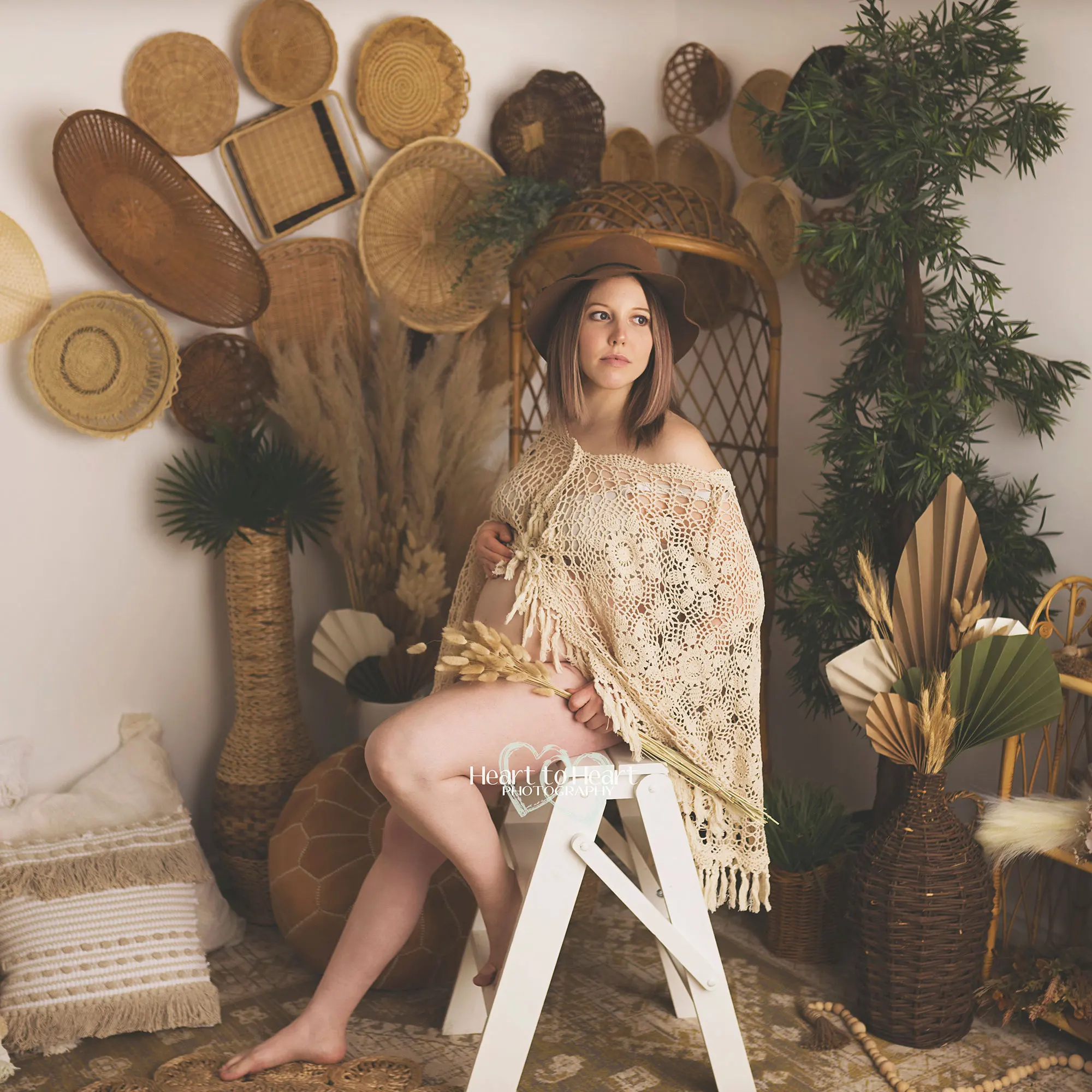 Don&Judy 2PCS/Set Cotton Crocheting Cape Tippet with Matched Skirt Maternity Dress Boho V Neck Beige Dresses for Photo Shooting