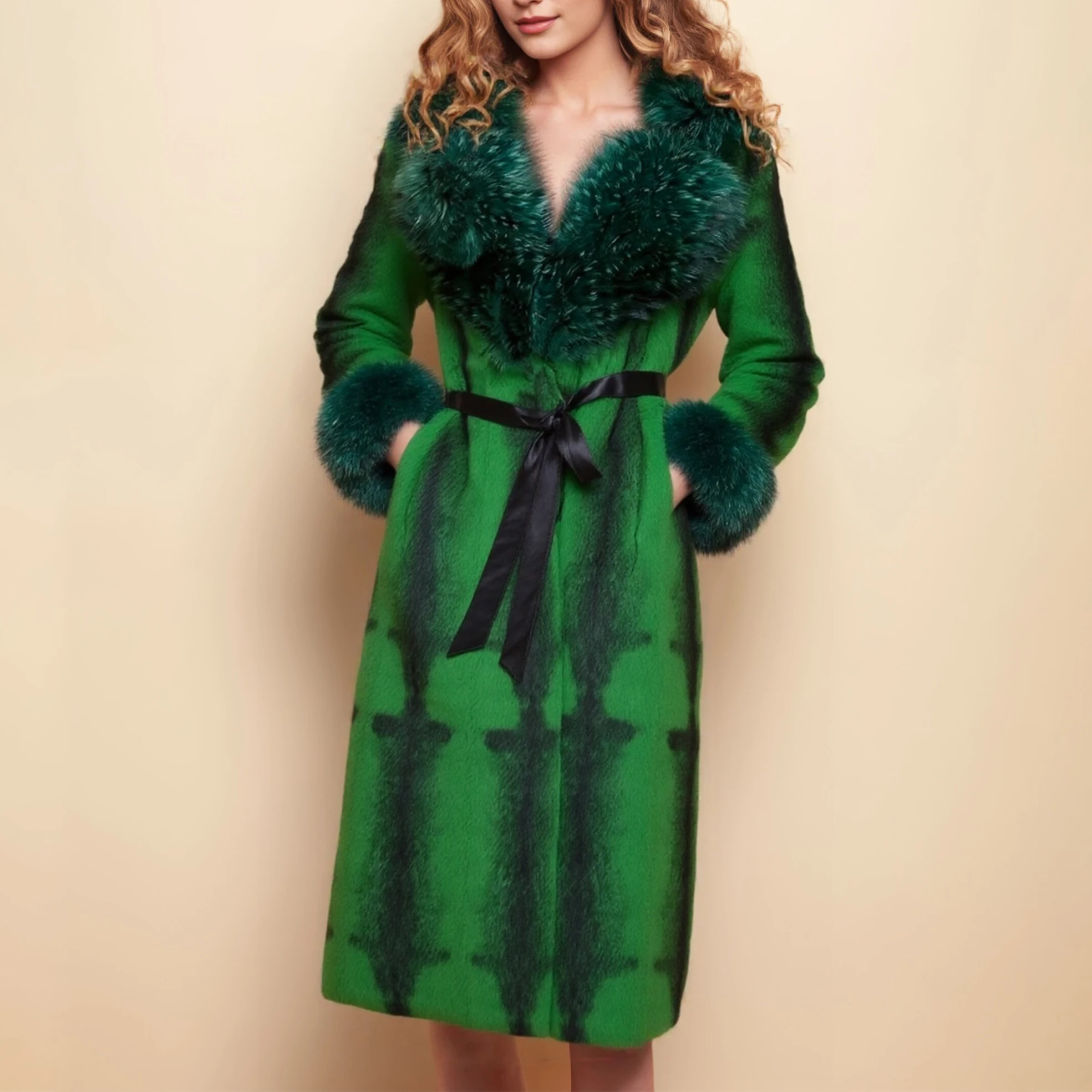 معطف فرو أرنب حقيقي للنساء سترة طويلة من الفرو مع ياقة كبيرة من فرو الثعلب وأكمام أساور عصرية ملابس الشارع