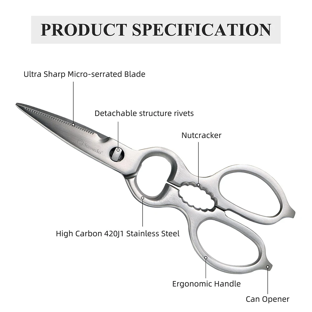 Sunnecko Stainless Steel Kitchen Scissors Ultra Sharp Micro Serrated Poultry Kitchen Cooking Shears Nut Cracker Dishwasher Safe