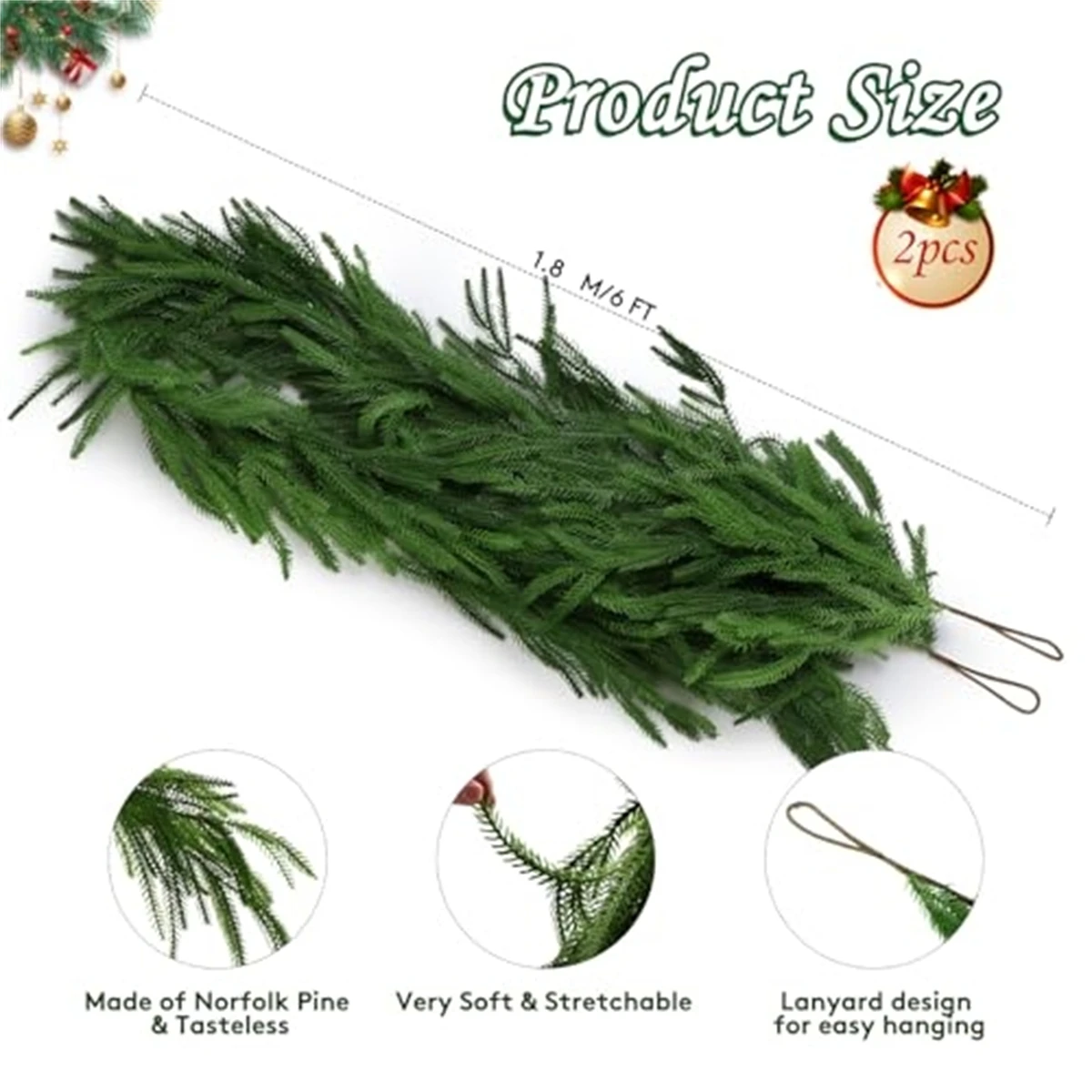 Christmas Norfolk Pine Garlands, Real Touch Fake Plants Artificial Greenery Garland for Table Wall Fireplace  Home Decoration