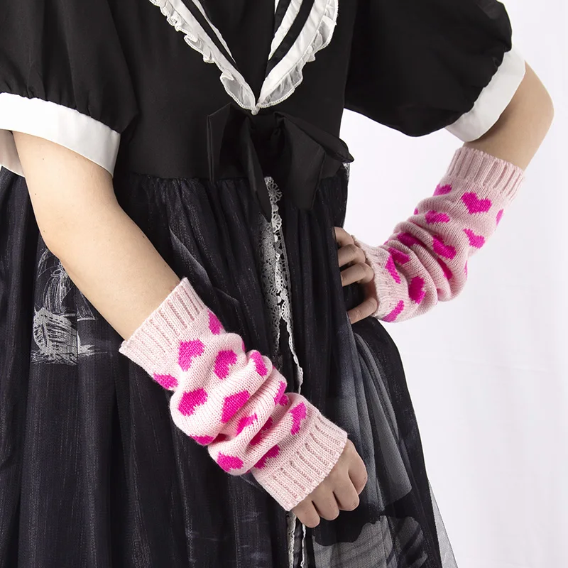 1 Pair Women JK Gloves Japanese Kawaii Lolita Arm Sleeve Girl Arm Crochet Knitting Gothic Heart Warm Fingerless Warmer Gloves