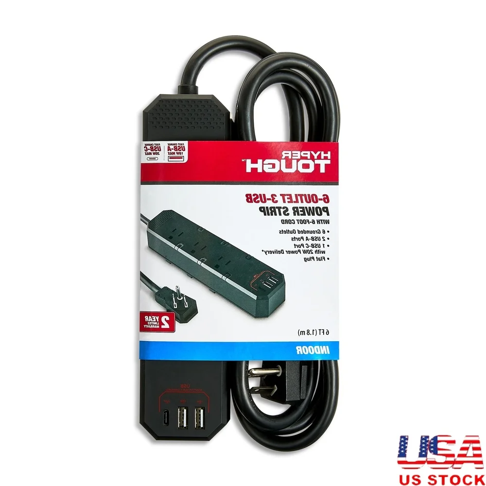 

6 Outlet Power Strip with 3 USB Ports Indoor Use Flat Wall Plug Lighted Switch Circuit Breaker 6ft Cord 125V 15A