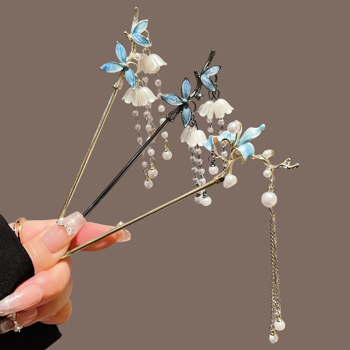 

Изысканная элегантная заколка для волос с цветами и жемчугом, в китайском стиле, с подвеской-лилией, для женщин