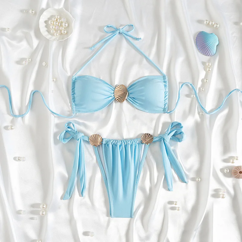 2025New قذيفة معدنية ديكور بلون الدانتيل متابعة مثير لطيف Partybikini