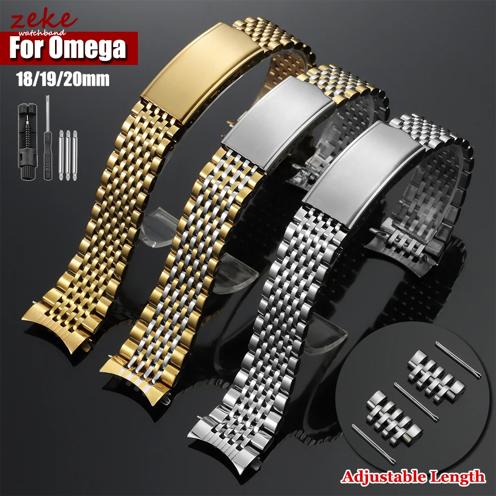 18mm 19mm 20mm Stainless Steel Watch Straps for Omega Seamaster for Speedmaster Curved End Metal Business Replacement Bracelet