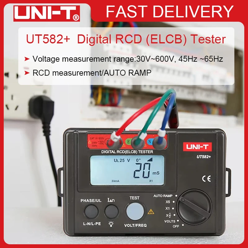 UNI-T UT582+ Digital RCD (ELCB) Tester AUTO RAMP Leakage Circuit Breaker Meter with Mis-Operation Buzzer RCD Tester