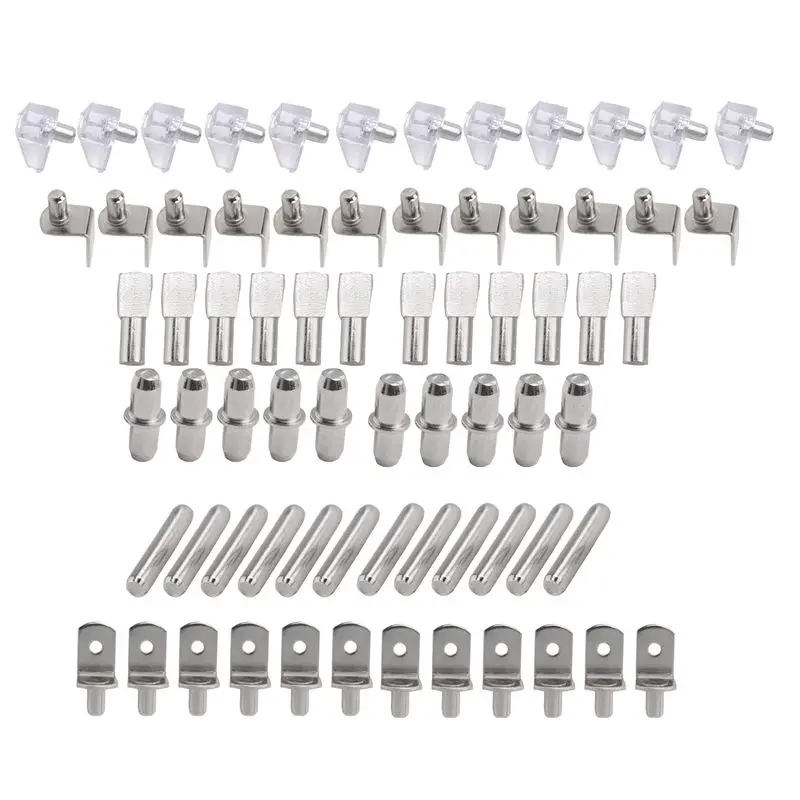 AT29-72Pcs Shelf Pegs Support Kit, 6 Styles Shelf Pins, Nickel Plated Cabinet Shelf Pegs For Shelves Bookcase Bookshelf Pegs
