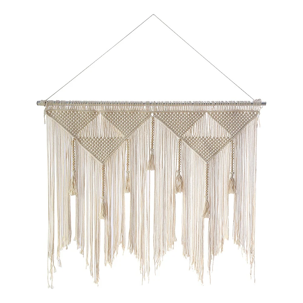 HRBAJ-Macrame Wall Hanging Boho Woven Tapestry, Beige White Tassel Decor Curtain For Home Backdrop (Wood Stick Not Included)
