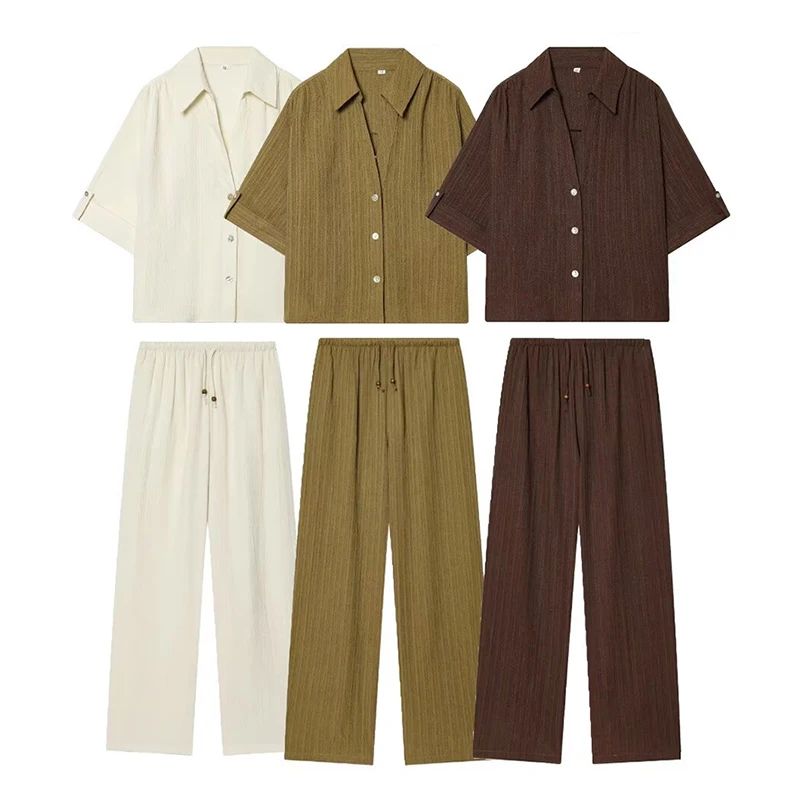 

Women's Casual Pants Set 2026 New Fashion Spring Summer Short-Sleeve Shirt and Loungewear Elastic Waist Straight-Leg Pants Set