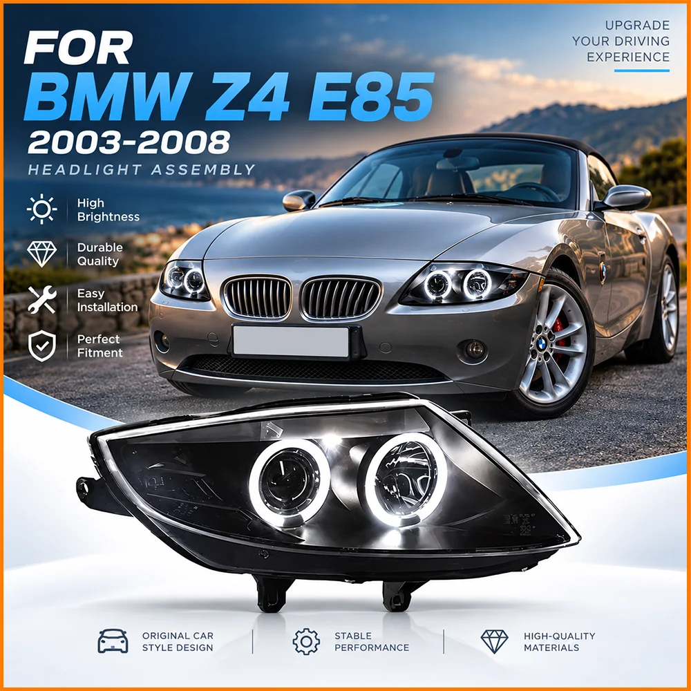 For BMW Z4 E85 E86 2003 2008 Angel Eyes Ring Car Headlight Upgrade Projector Lamp Smoked Black Lens Assembly Set Left Right