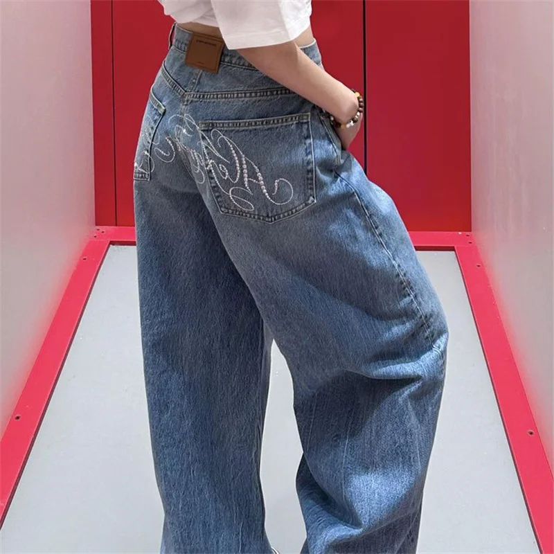 

Джинсы большого размера в американском стиле ретро со стразами и буквами для женщин, летние новые стильные тонкие и свободные широкие брюки, брюки длиной до пола