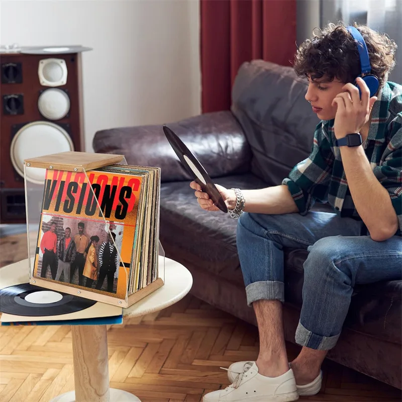 Wooden Record Rack Desktop Ornament Transparent Vinyl Record Display Rack Tape Book Storage Box Solid Wood Organizer