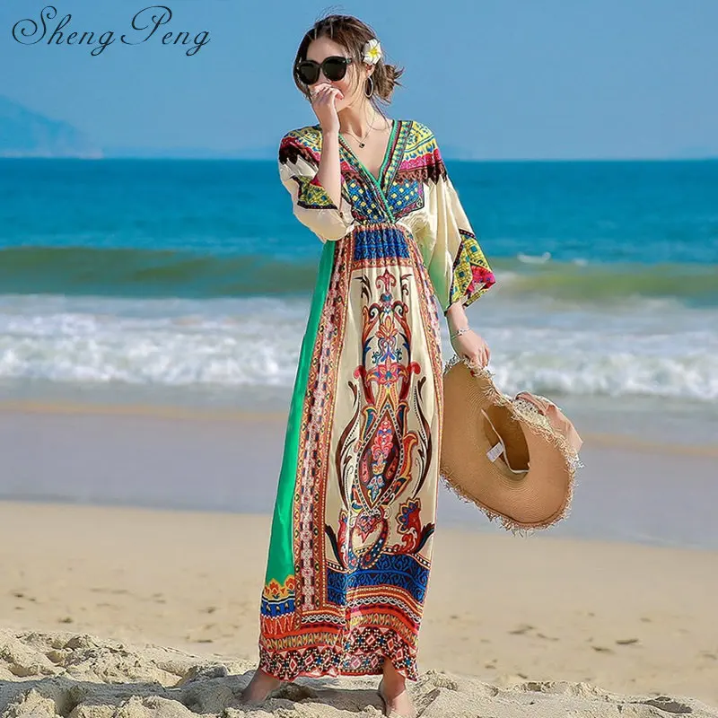 Hippie bohemian style boho hippie dress mexican embroidered dress boho chic dresses V2920