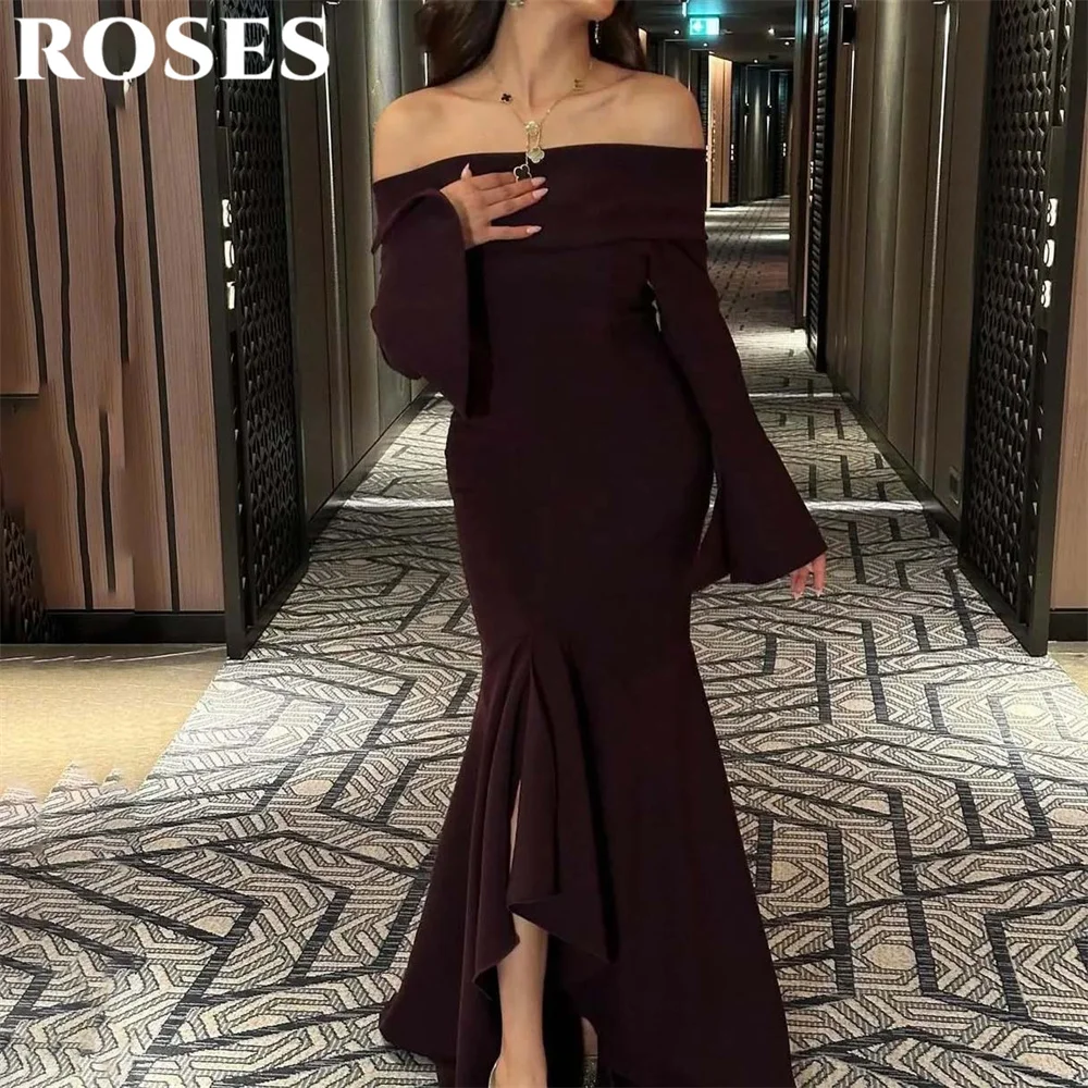 

ROSES Chocolate Mermaid Prom Dress Off the Shoulder Pleats Celebrity Dress Women's Evening Dress Satin Formal Gowns Customized
