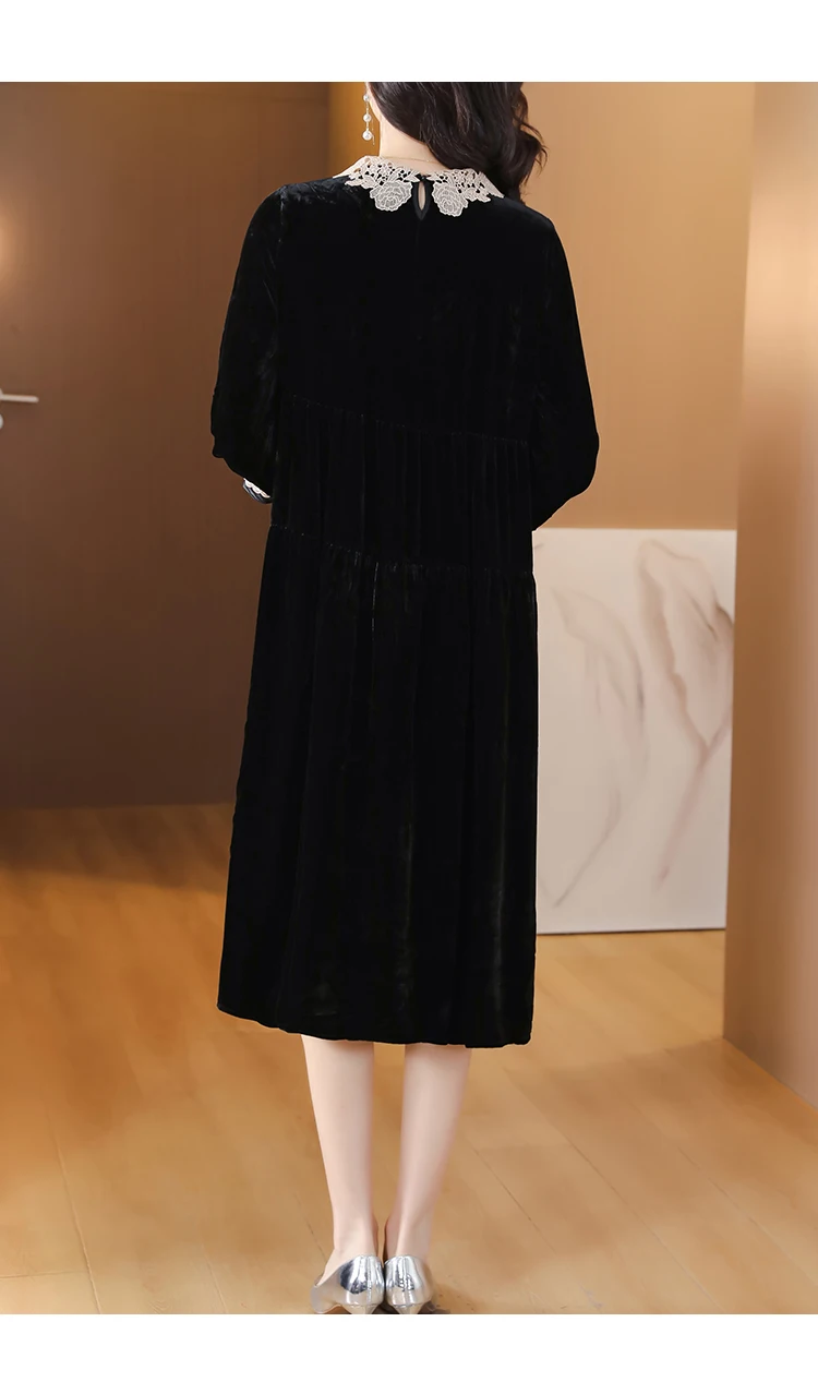 2023 Autumn/Winter New Silk Velvet Long Sleeve Dress for Women's Loose Large Black Slim Knee Length Dress Bohemian Robe