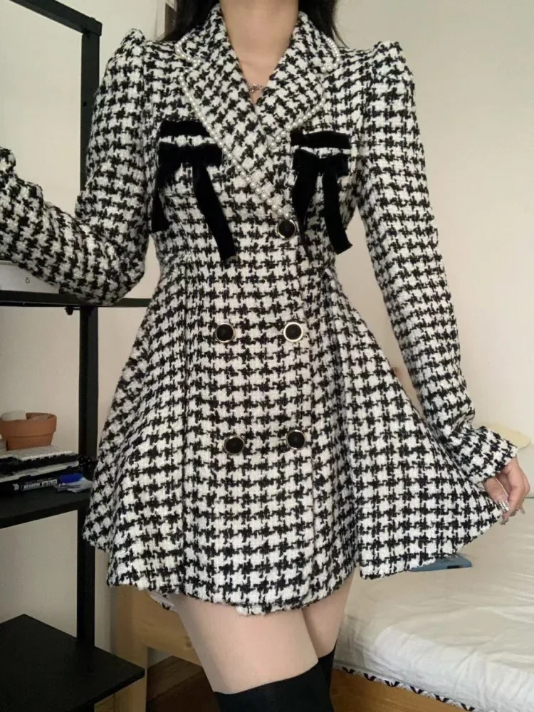 Vintage Bow Houndstooth Dresses 2024 Autumn Slim Waist A-line Dress for Women Y2k E-Girl Notched Collar Vestidos Mujer