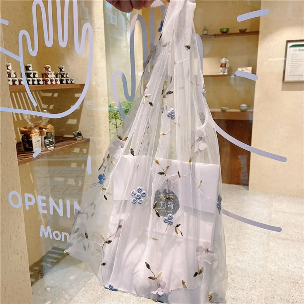 Women Transparent Tote Double Organza Yarn Cloth Bag Embroidery Flowers Handbag High Quality Eco Shopping Bag Purses For Girls