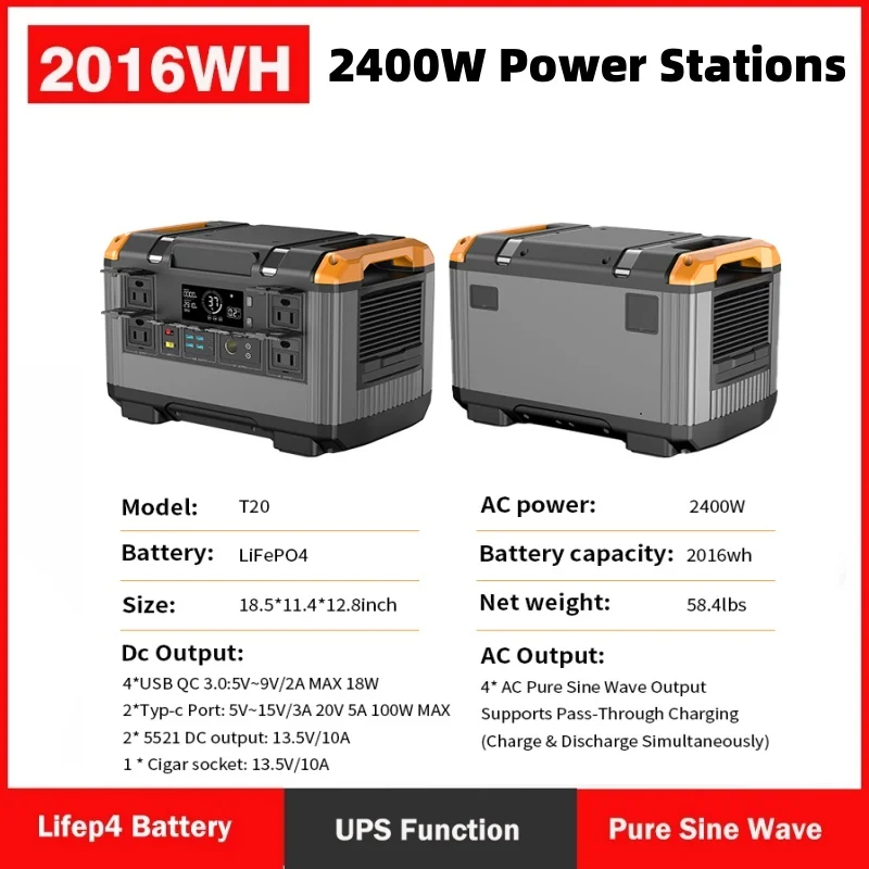 

Портативная электростанция 2400 Вт (4800 Вт пик) LiFePO4 аккумулятор с выходом переменного тока 2160 Втч солнечный генератор для садовой вечеринки отключение электроэнергии