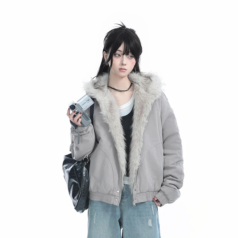 Vintage Fashion Fuax Fur Hooded Cooton Coats Winter Thiken Warm Loose Casual Chaqueta Tops Korea Snow Wear Women Jaqueta Casaco