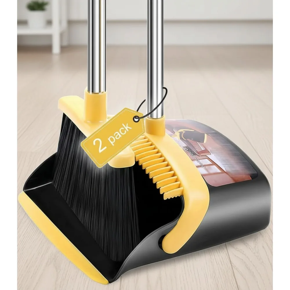 

2-Pack Long Handle Broom and Dustpan Set with Self-Cleaning Teeth, Telescopic Pole for Indoor Outdoor Cleaning